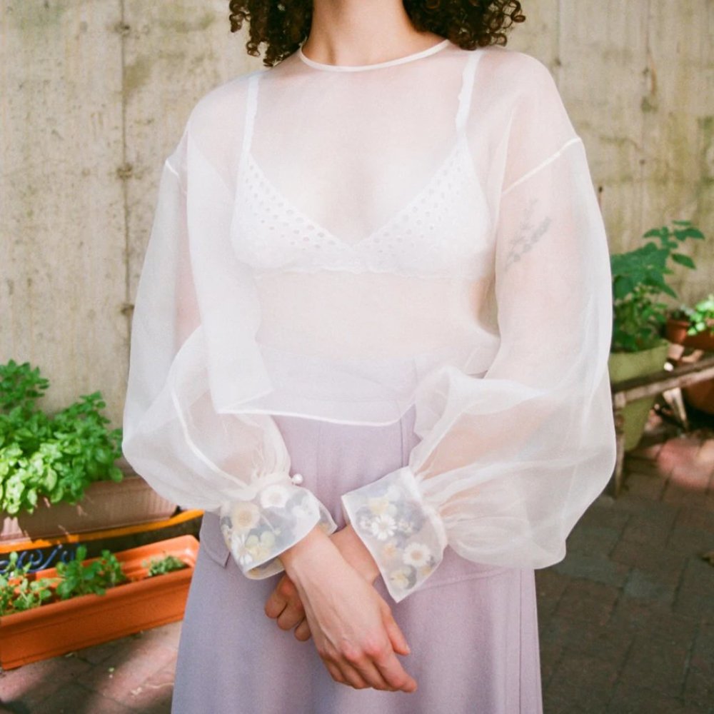 Dauphinette NYC "Claude" Ivory Sheer Silk Blouse, Pressed Flower Cuffs, Small